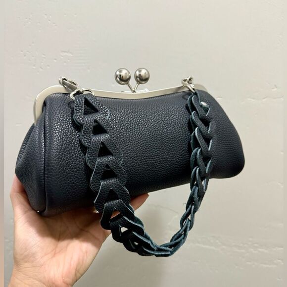 Black Togo Cowhide Leather Handmade Kisslock Baguette Bag With 3 Strap Styles - Picture 3 of 16